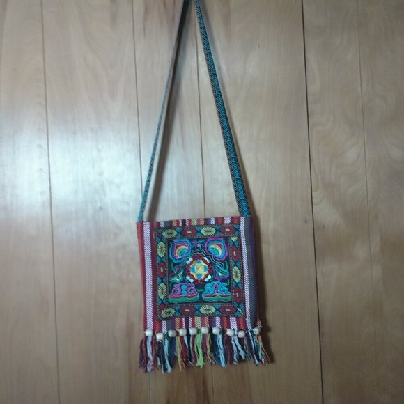 Boho Hippie Embroidered Beads Fringe Textile Cross-Body Purse Bag Multicolored - Picture 1 of 9